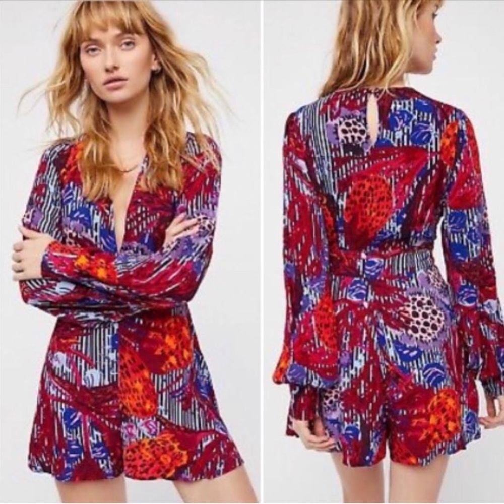 Free People Audrey Abstract Deep Plunge Neckline Romper